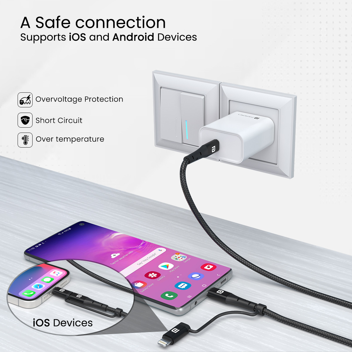 Portronics Lightning Cable 2 A 1.2 m Konnect J6 60W 2-in-1 (Type C to 8 PIN + Type-C) (Compatible with Smartphones, Tablet, Black, One Cable) - Image 3