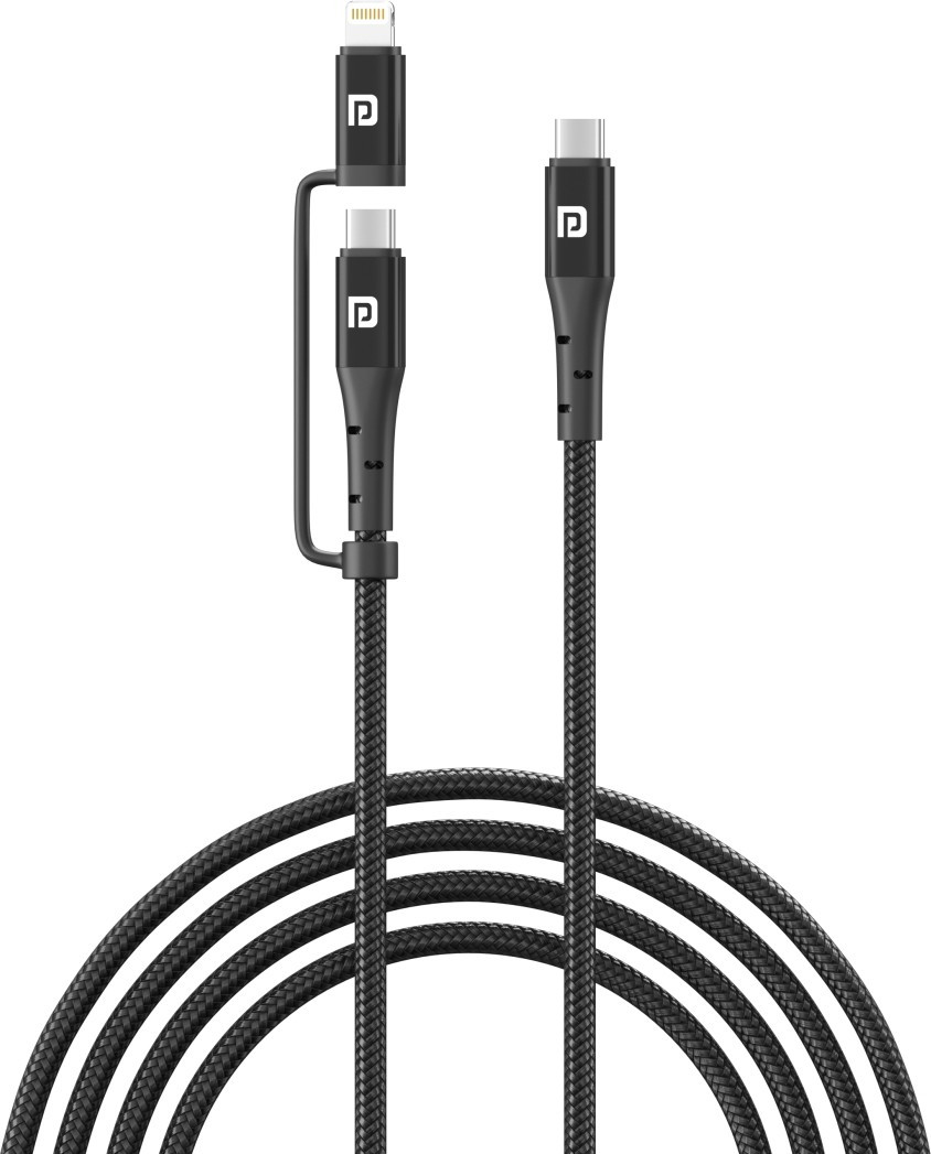 Portronics Lightning Cable 2 A 1.2 m Konnect J6 60W 2-in-1 (Type C to 8 PIN + Type-C) (Compatible with Smartphones, Tablet, Black, One Cable)