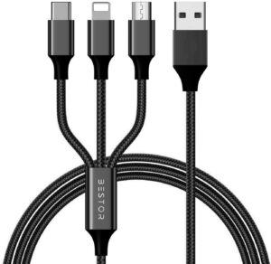 Bestor USB Type C Cable 2 A 1.2 m Multi Charging Cable 4ft 3 in 1 Nylon Braided Multiple USB Fast Charging Cable for Android, iOS and Type C Devices USB Port Connectors Compatible Smart Phones & Tablets And More (Black)  (Compatible with SMART PHONE, IOS, ANDROID, Black, One Cable)