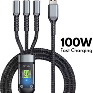 Doyers 3-in-1 Cable 6 A 1 m Nylon Braided Multiple USB Cable Universal Charging Cord with Type-C, Micro USB and iP Port for Cell Phones and More (Compatible with Smartphones, iPhone, Android, Laptop, Black, One Cable)