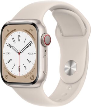 Apple Watch Series 8, 41mm GPS + Cellular ECG app, Temperature sensor, Crash Detection  (Starlight Sport Strap, Regular)