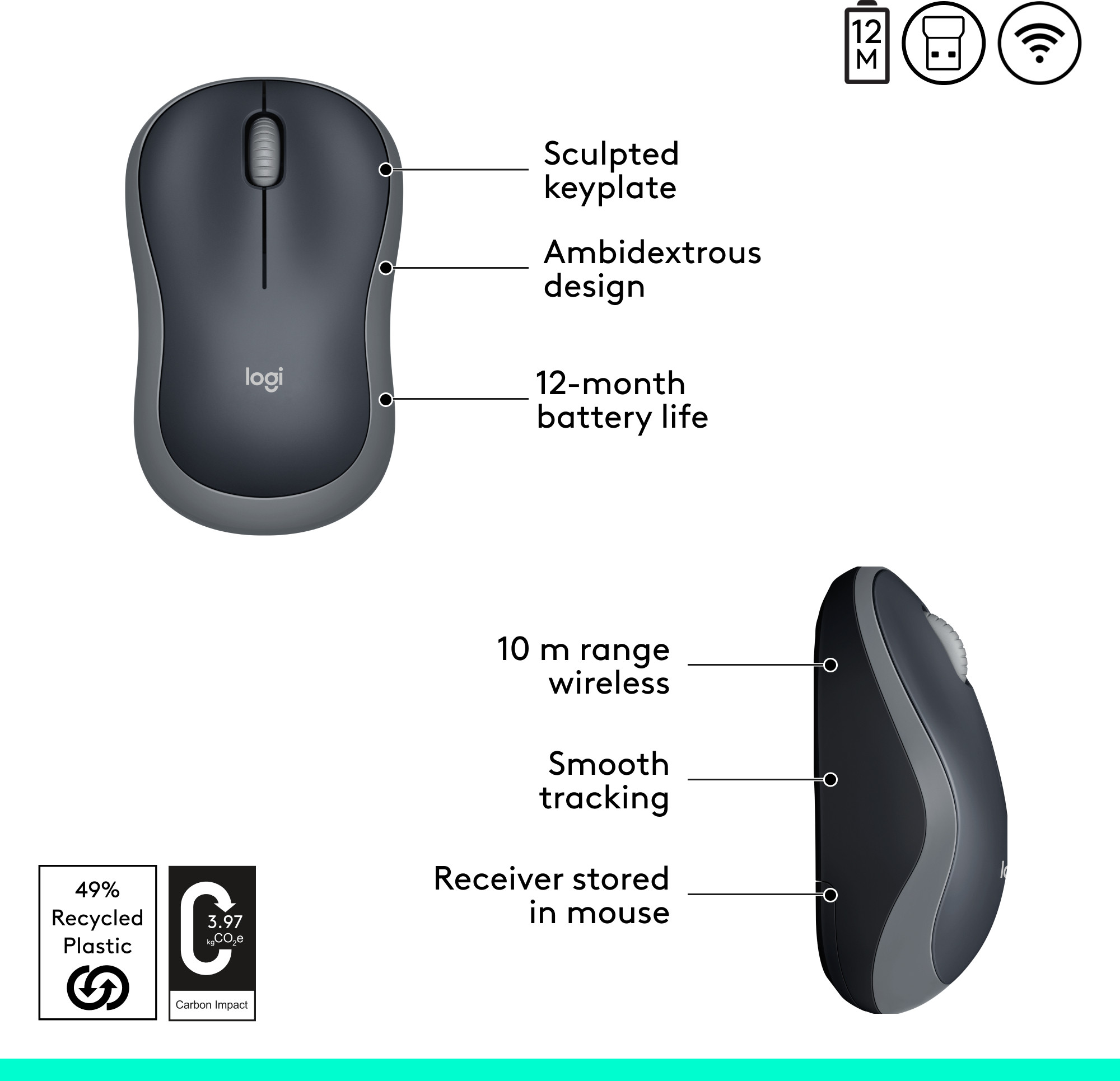 Logitech B175 / Optical Tracking, 12-Months Battery Life, Ambidextrous Wireless Ambidextrous Optical Mouse (2.4GHz Wireless, Black) - Image 2