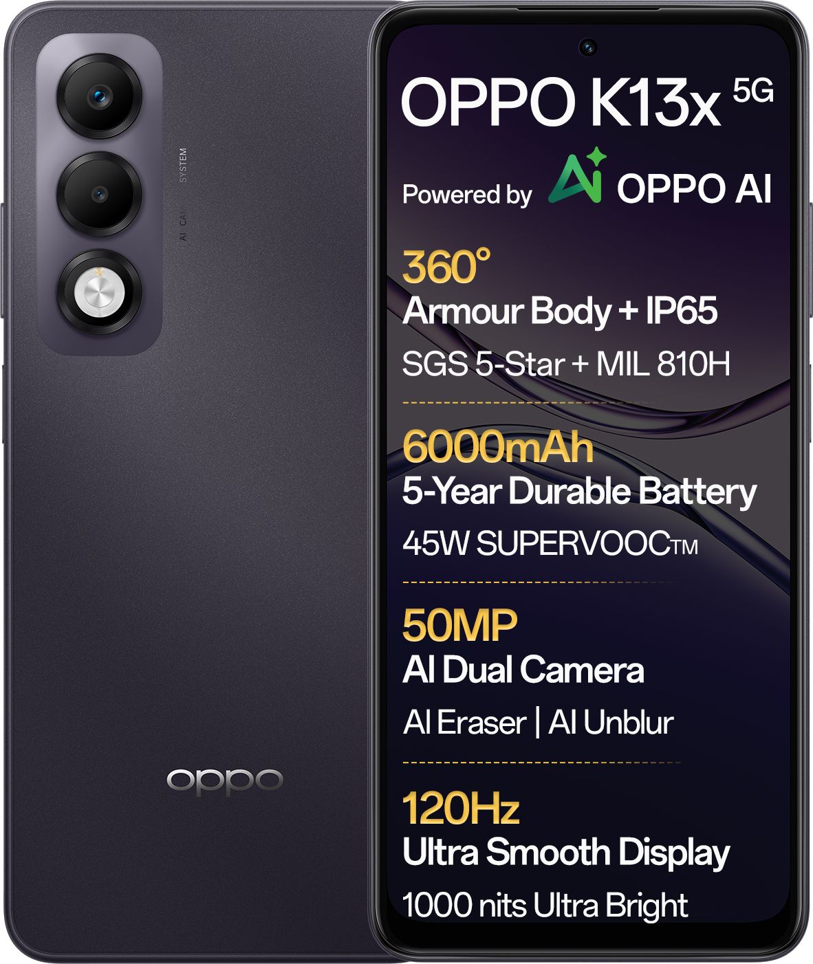 OPPO K13x 5G 6000mAh and 45W SUPERVOOC Charger & AI (Midnight Violet, 128 GB) (8 GB RAM)