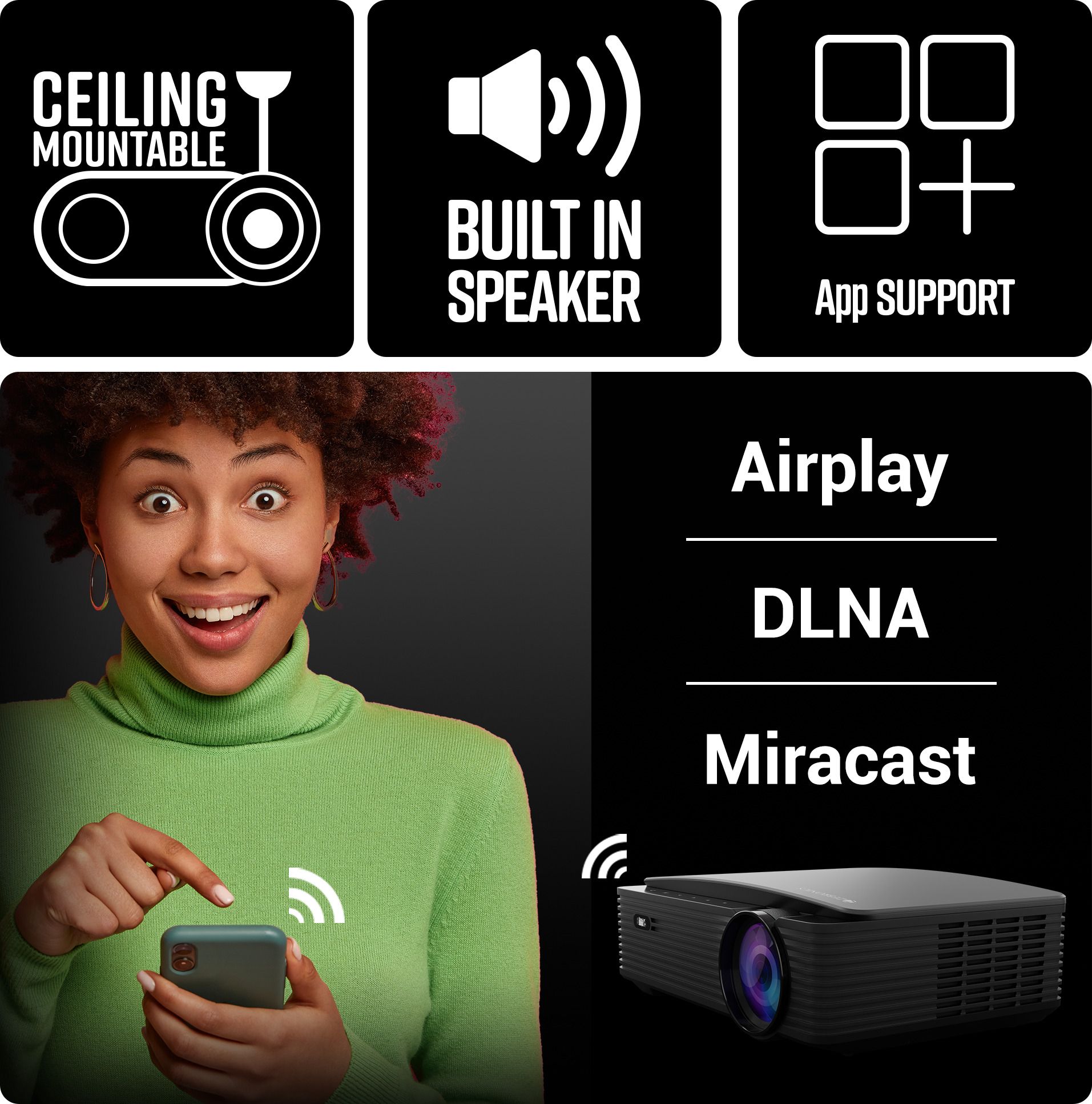 EBRONICS ZEB-PIXAPLAY 16 (10000 lm / 1 Speaker / Remote Controller) Portable Full HD 1080p Native Resolution with 4K Support, 200 Inch Screen Size, USB, HDMI, AV, AUX, WIFI, Bluetooth, Smart Apps, Miracast, Airplay, Dolby Smart Projector (Black) - Image 3