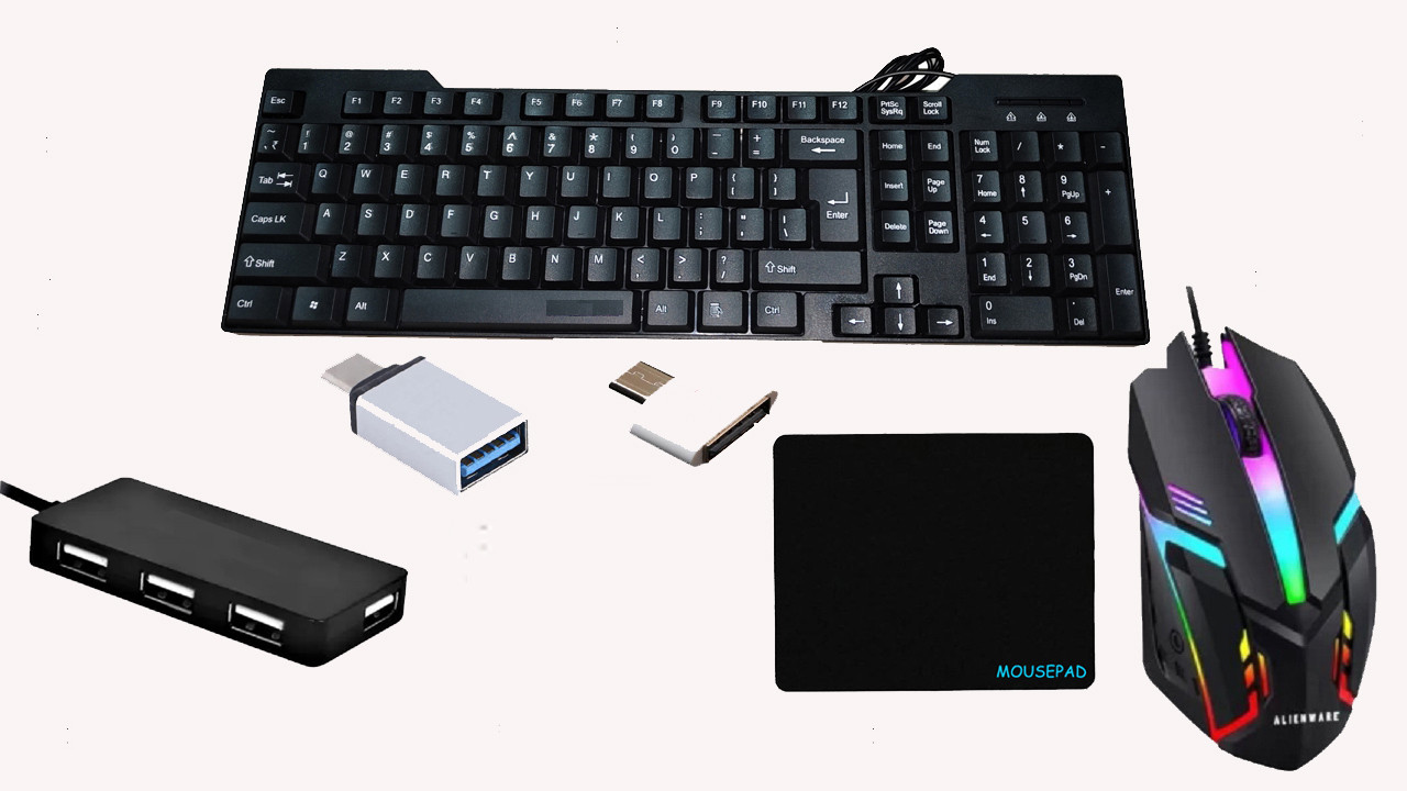 RSG PRODOT 5D COMBO - KEYBOARD,RGB MOUSE,USB HUB ,MOUSEPAD,HDMI,TYPE C & V8 OTGP Wired USB Standard Multi-device Keyboard Compatible with Desktop, Laptop, Mac stand support,FEEL