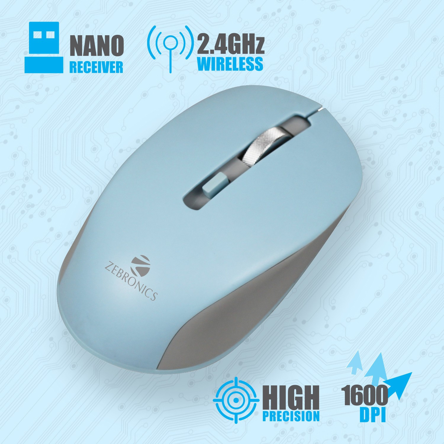 ZEBRONICS Jaguar Wireless Ambidextrous Optical Mouse Wireless Mouse, High Precision, 4 Buttons, Plug & Play Ambidextrous (2.4GHz Wireless, Blue)